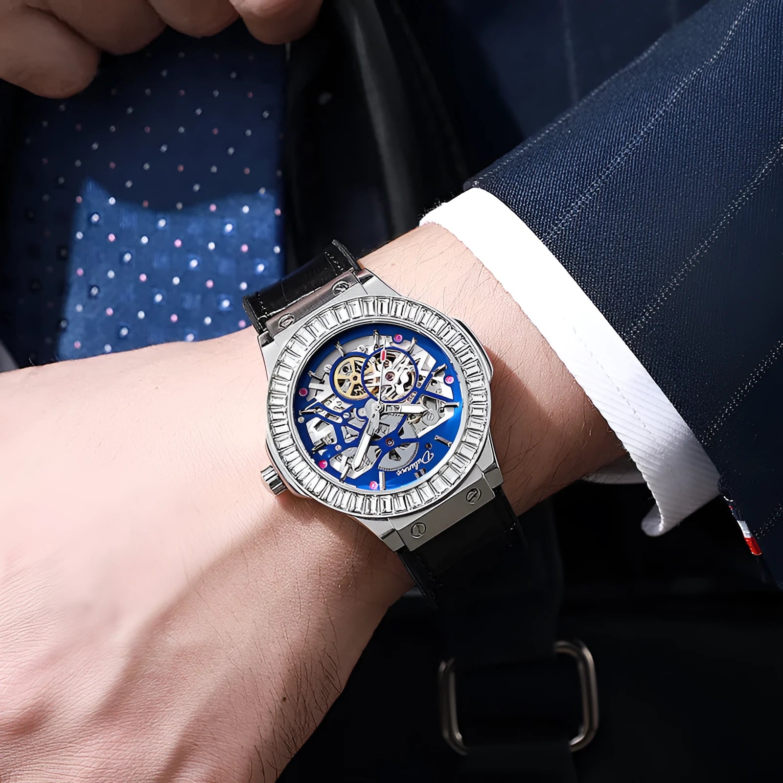 Men's automatic mechanical watch with diamond-studded hollow design and 16mm white case