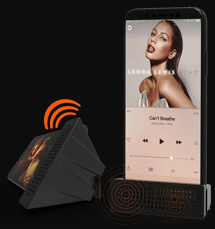 Portable black ABS plastic mobile phone amplifier bracket holding an iPhone in horizontal position.