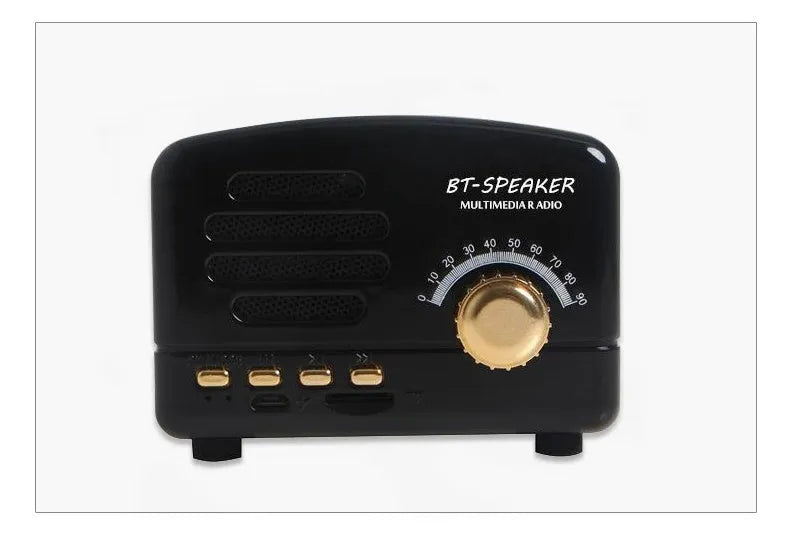Vintage-style wood grain Bluetooth speaker in compact size with black and pink colour options