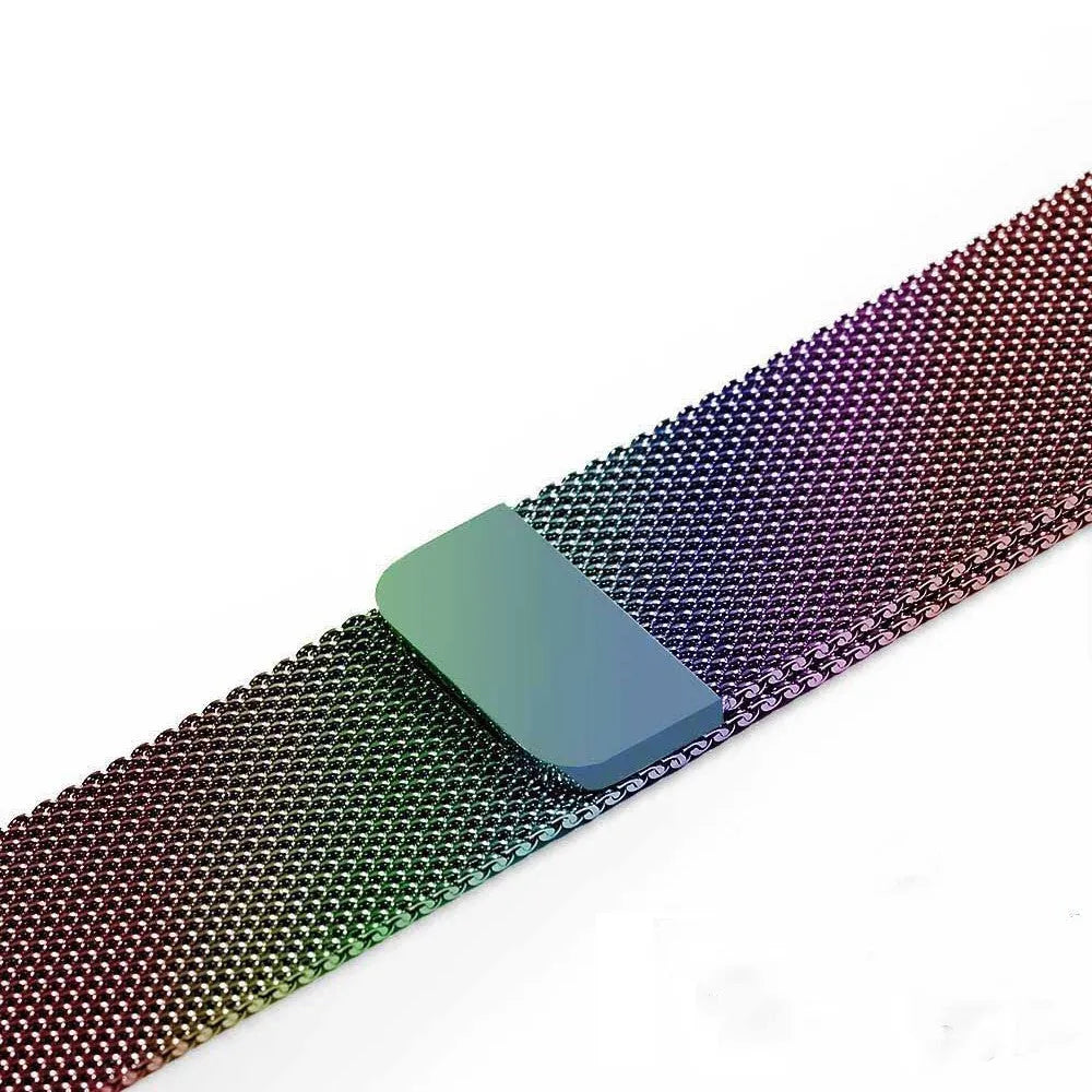 Stainless steel Apple Watch replacement strap in silver, showing metal links and clasp for 38mm-44mm models.