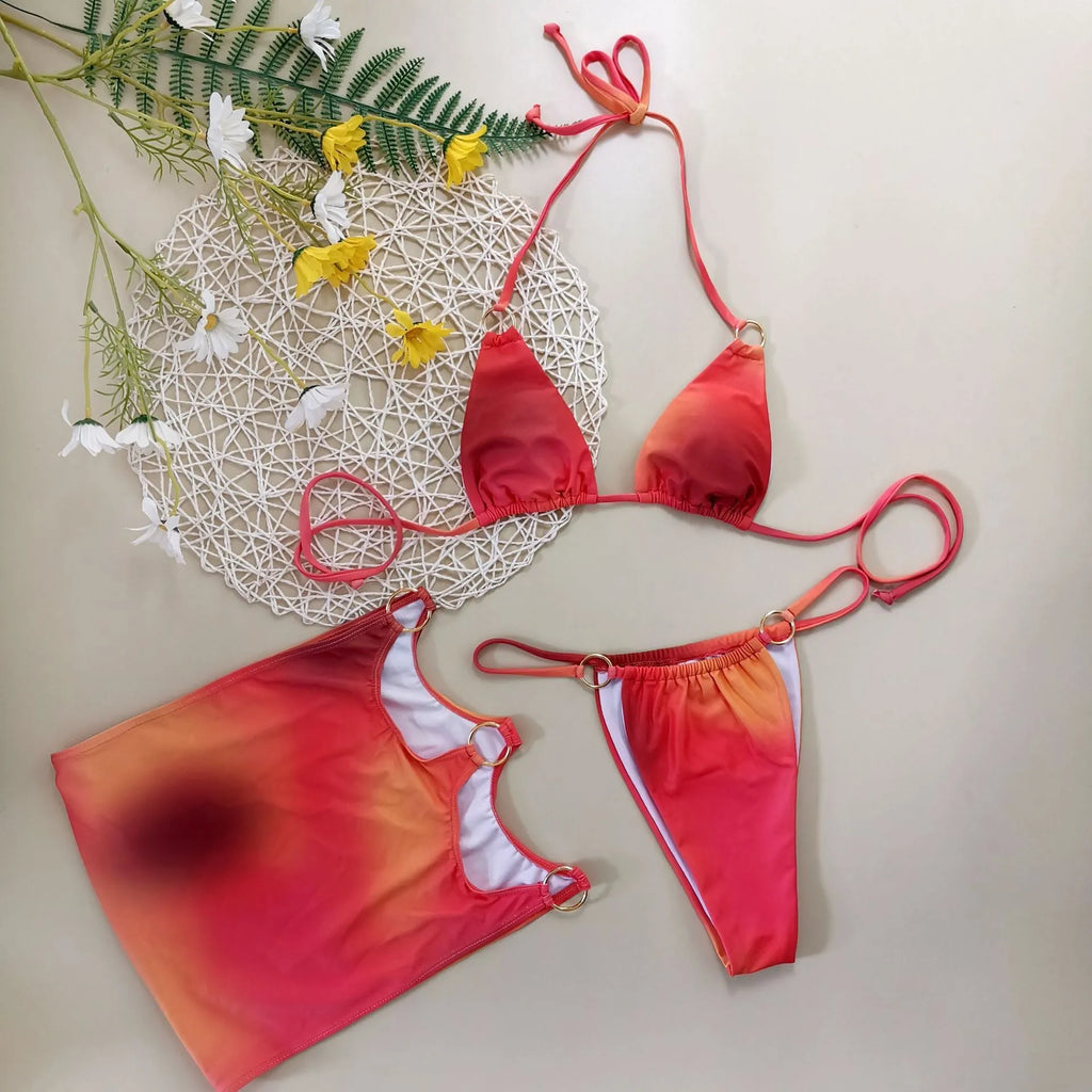Tie-dye gradient three-piece halter bikini swimsuit set with skirt