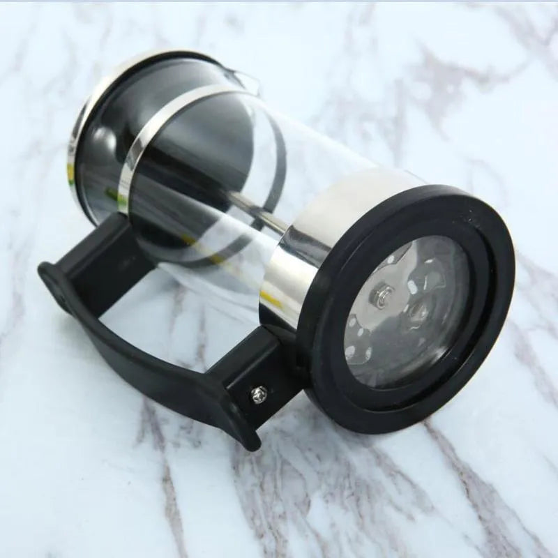 350ml glass coffee maker with stainless steel permanent filter, measuring 10cm wide by 8cm deep by 17cm tall