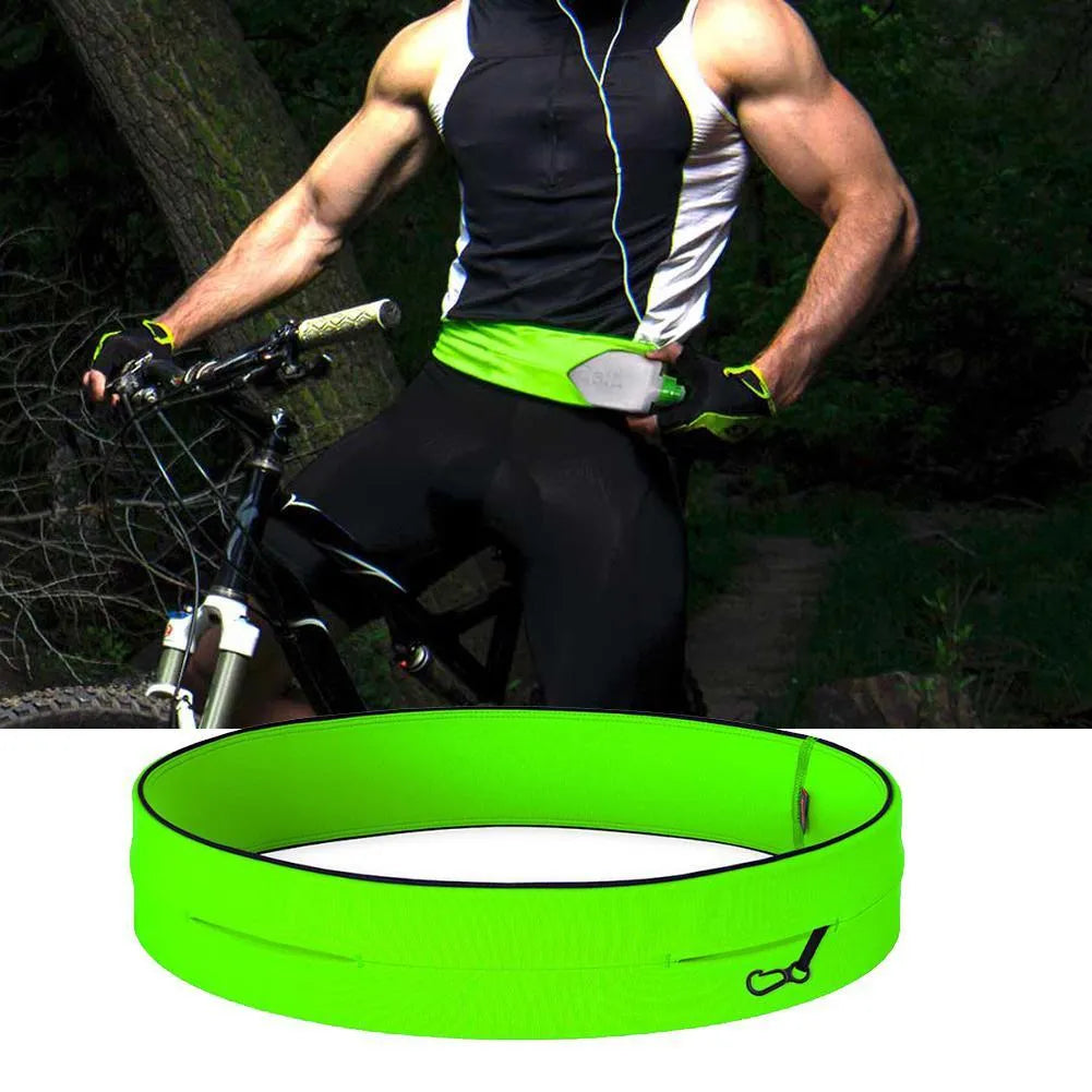 Adjustable spandex waist bag for running and cycling in black, showing ergonomic belt design
