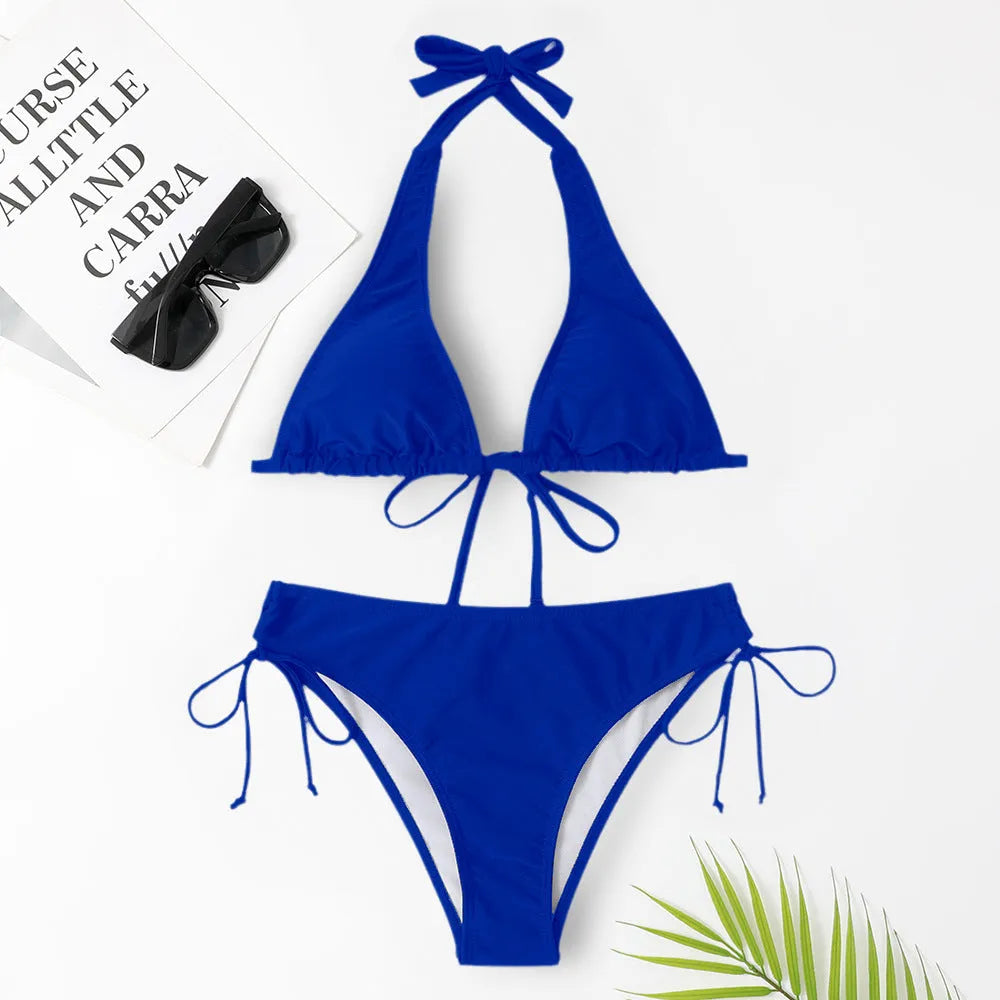 Solid colour strap bikini set with briefs bottom in multiple colours for women