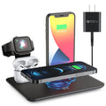 Wireless desktop charger with phone bracket showing watch and headphone charging ports in black finish