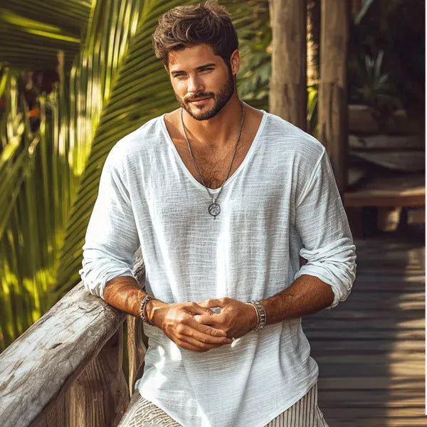 Men's beige V-neck long sleeve t-shirt in slim fit made from hemp blend fabric