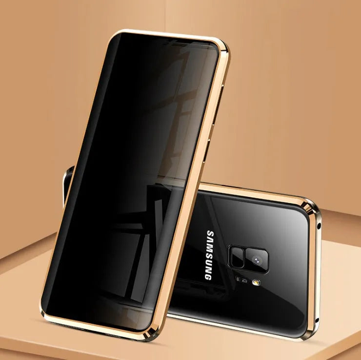 Anti-peeping magnetic phone case for Samsung with double-sided glass and metal frame in solid black colour