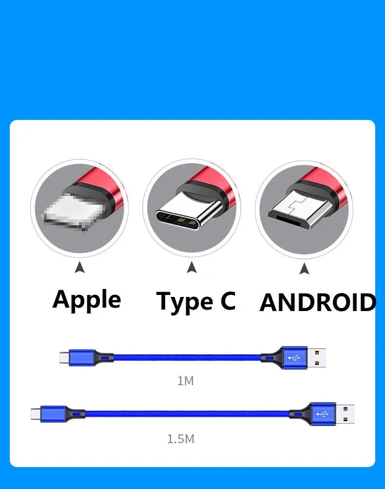 2m mobile phone data cable with USB connector available in black blue gold red and silver for Apple Android Type C