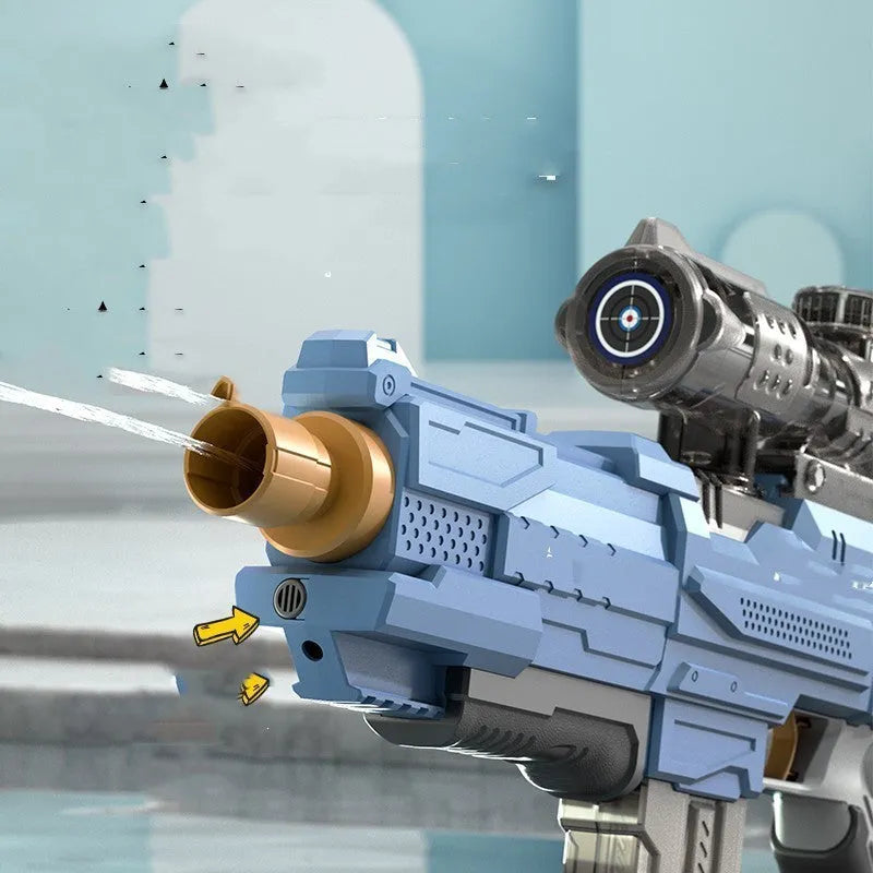 Electric water gun in ocean blue with continuous firing function and plastic body for outdoor use
