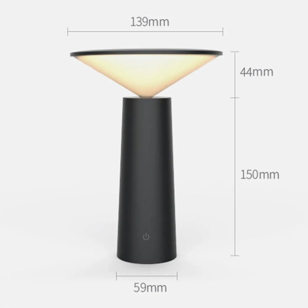 Black USB rechargeable table lamp with touch sensor and adjustable LED reading light head on a desk.