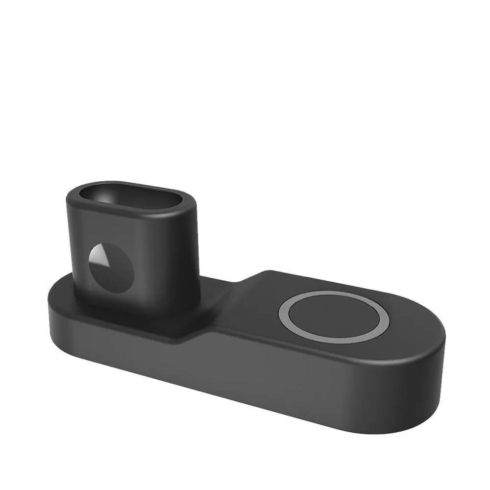 Black W3 three-in-one wireless charging station for Apple phone, watch and headphones