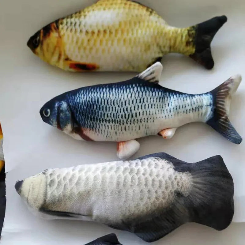 Multicolour 30cm long electronic jumping fish cat toy with USB cable.