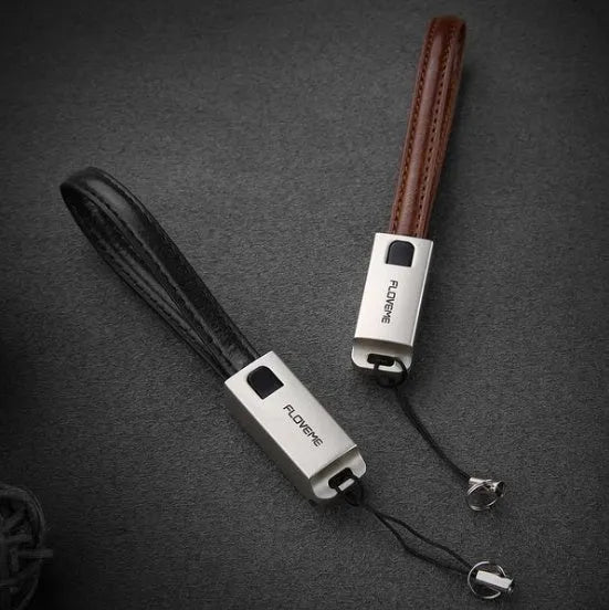 USB C to Apple Lightning leather braided charging cable in black brown red colours measuring 20cm