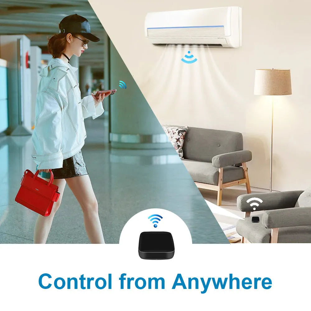 Black universal infrared remote control with voice control and WiFi connection.