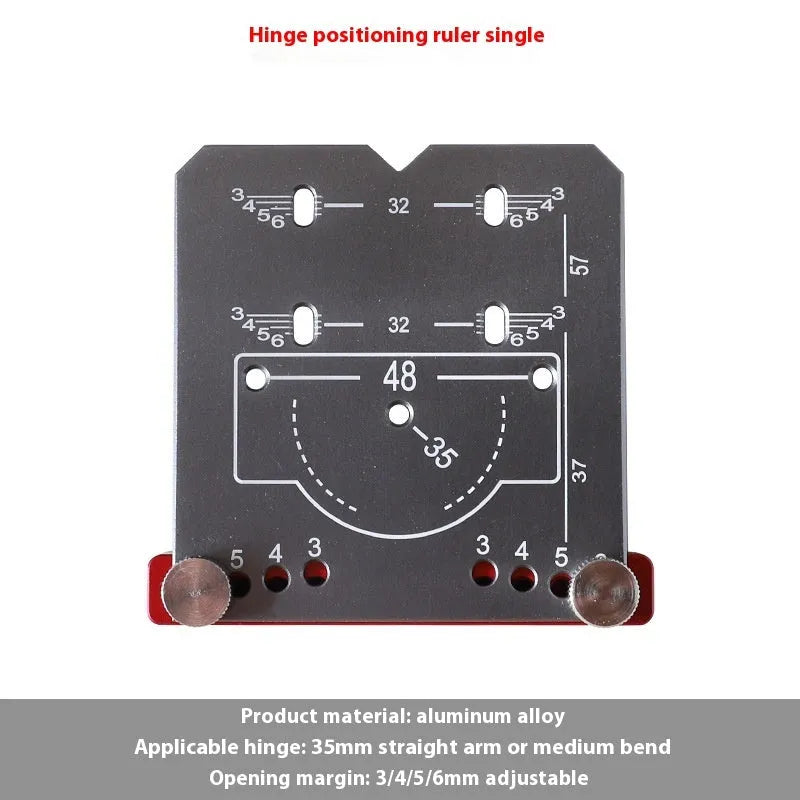 Red aluminium alloy hinge locating tool with adjustable margin settings for 35mm cabinet hinges