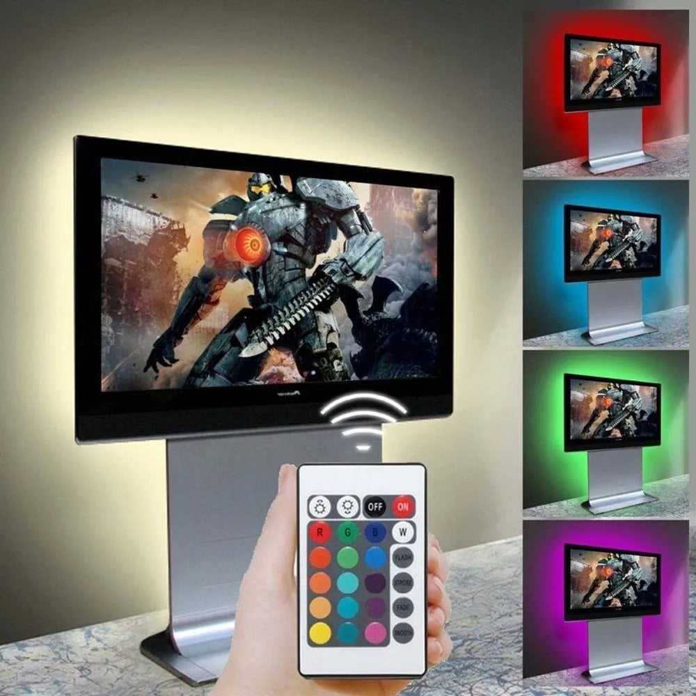 USB-powered LED light strip with SMD5050 LEDs in six colour options including white, blue, and red