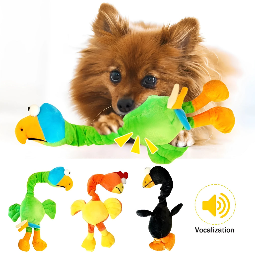 Screaming chicken sound dog toy in black, green, and orange colours with bite-resistant construction