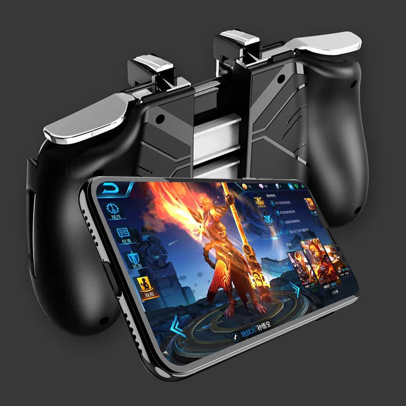 Multifunctional mobile game handle controller in black blue and white colours attached to a smartphone
