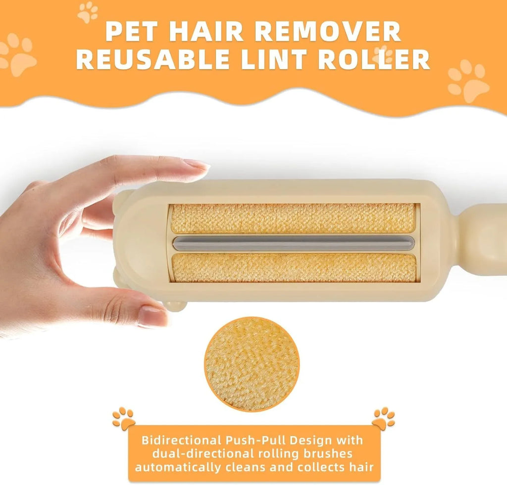 Blue reusable pet hair removal roller with a self-cleaning base on a fabric sofa.