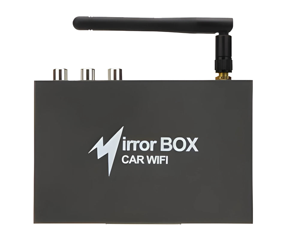 Black Car Mirror Link Box with Wi-Fi converter, power cable, antenna, AV cable, and manual.