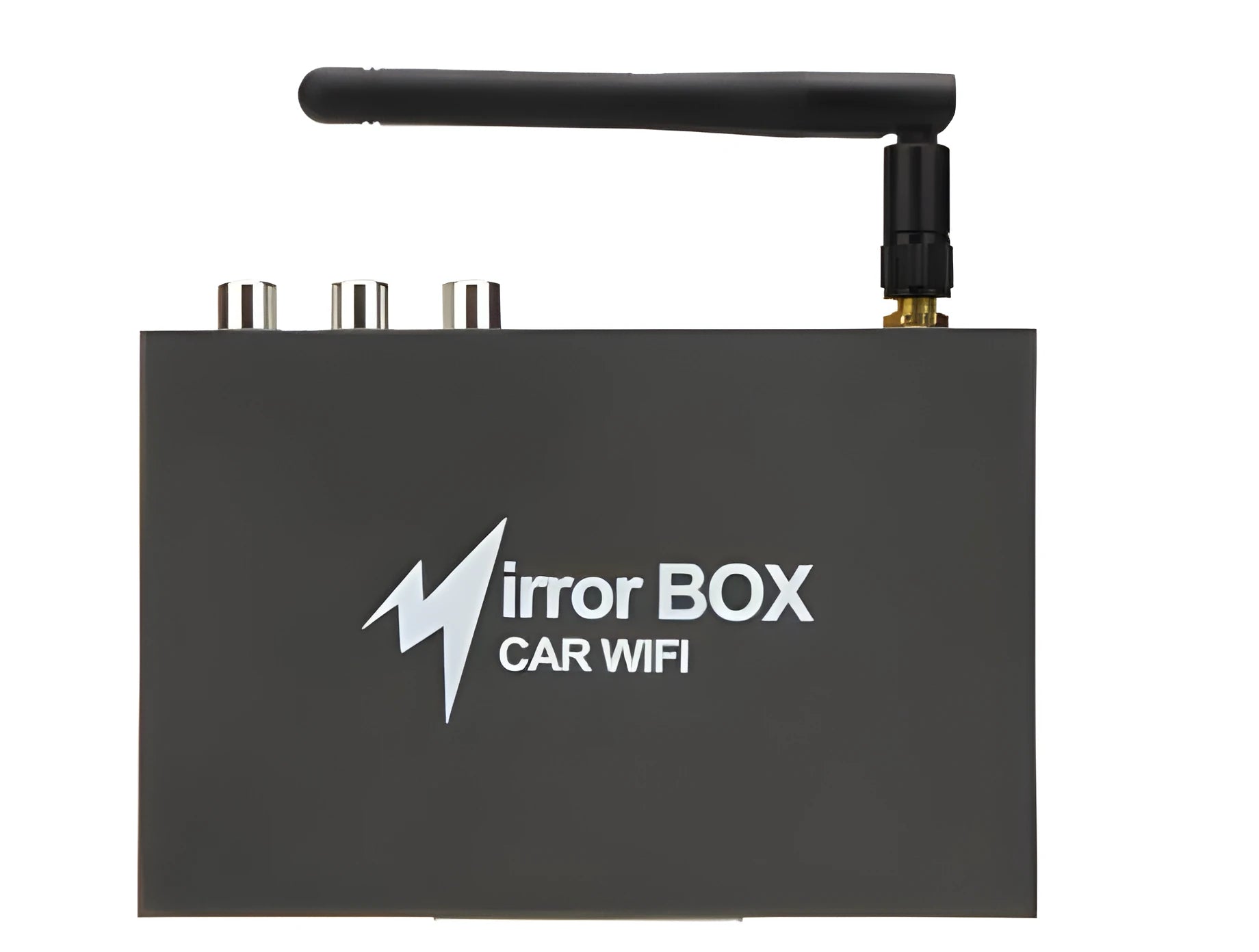 Black Car Mirror Link Box with Wi-Fi converter, power cable, antenna, AV cable, and manual.