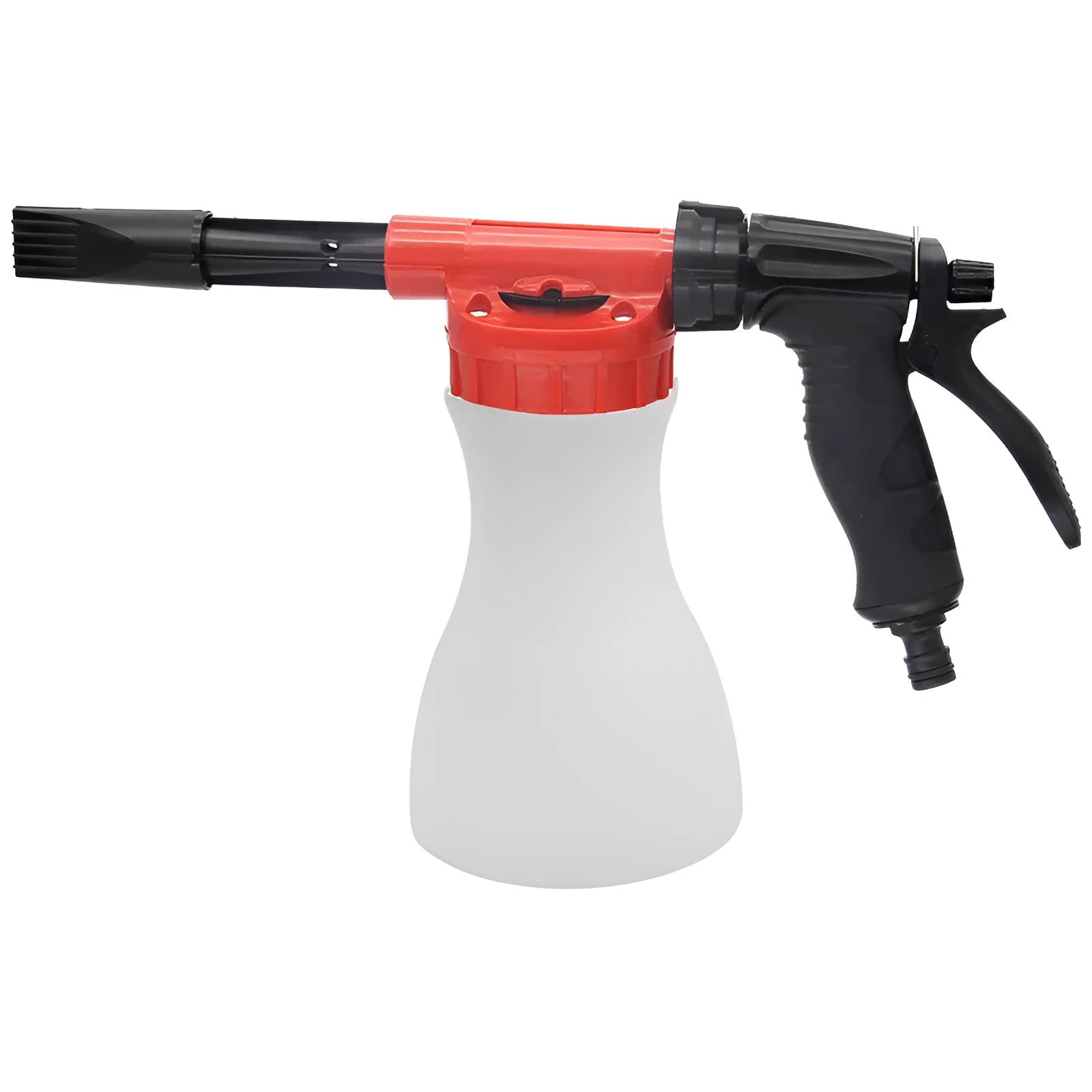 Blue handheld foam pot high pressure water gun for garden spraying on a garden table