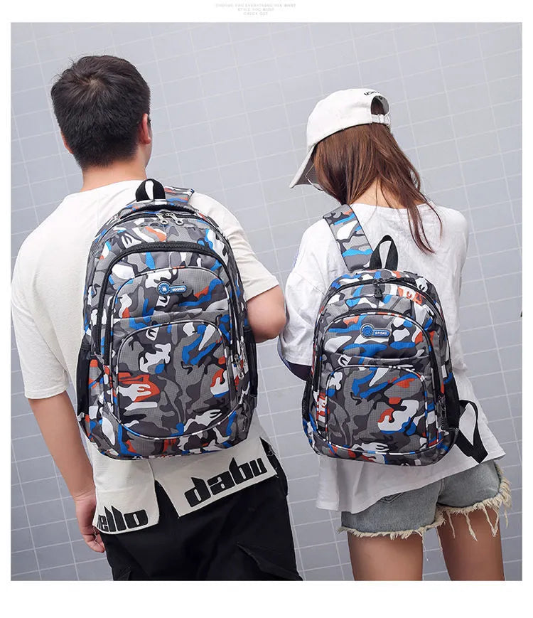 Oxford fabric school backpack with reinforced straps and side pockets available in blue green red grey and orange for teenagers