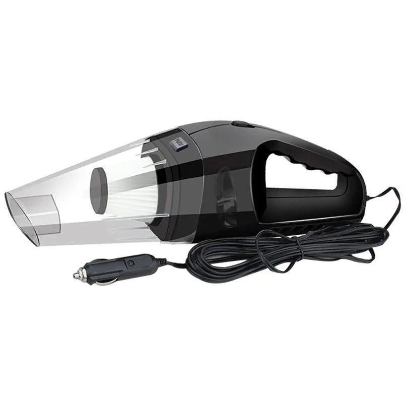Orange, black, and blue coloured 12V portable handheld car vacuum cleaner with nozzles.