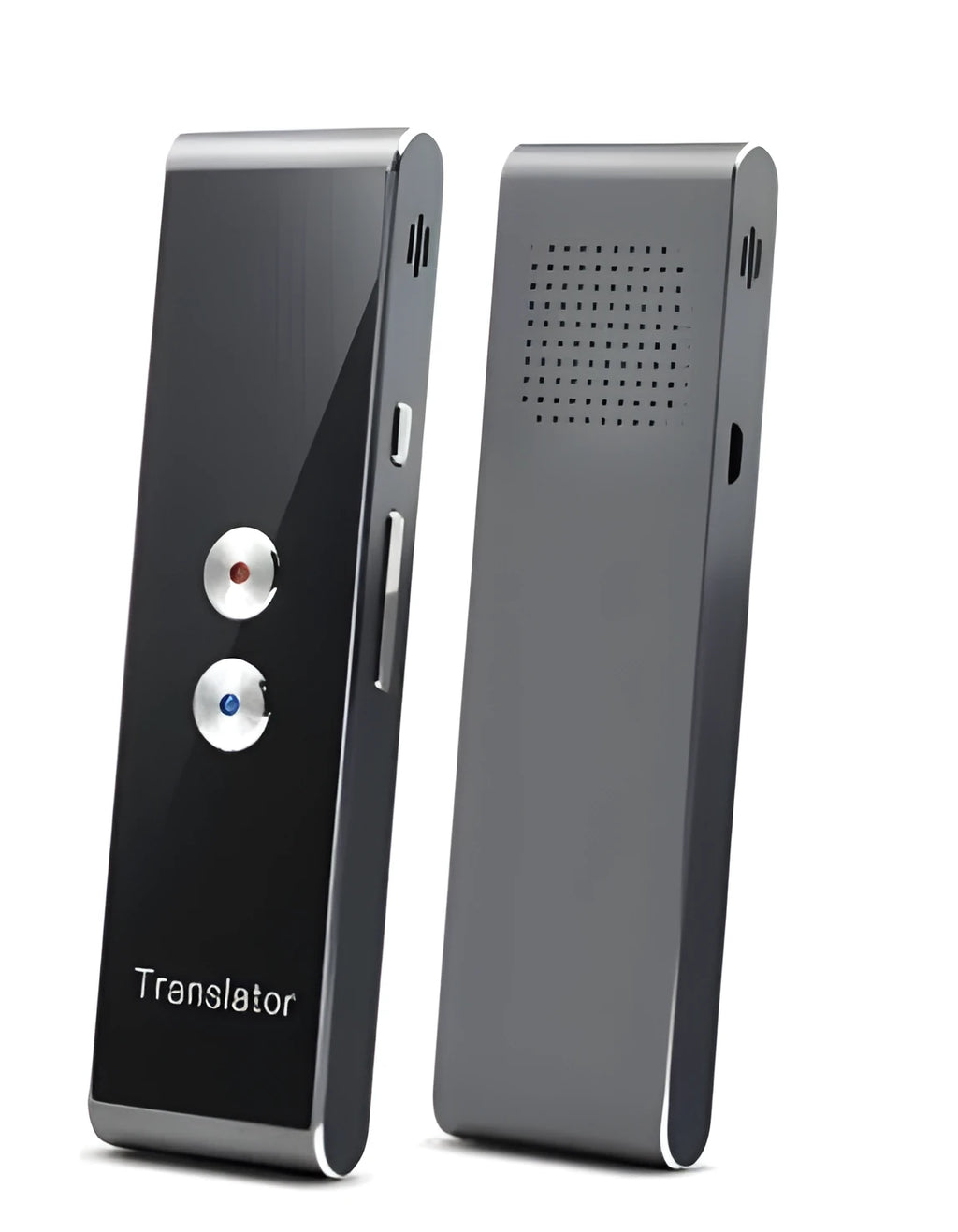 Black wireless voice translator with Bluetooth on white background next to smart phone