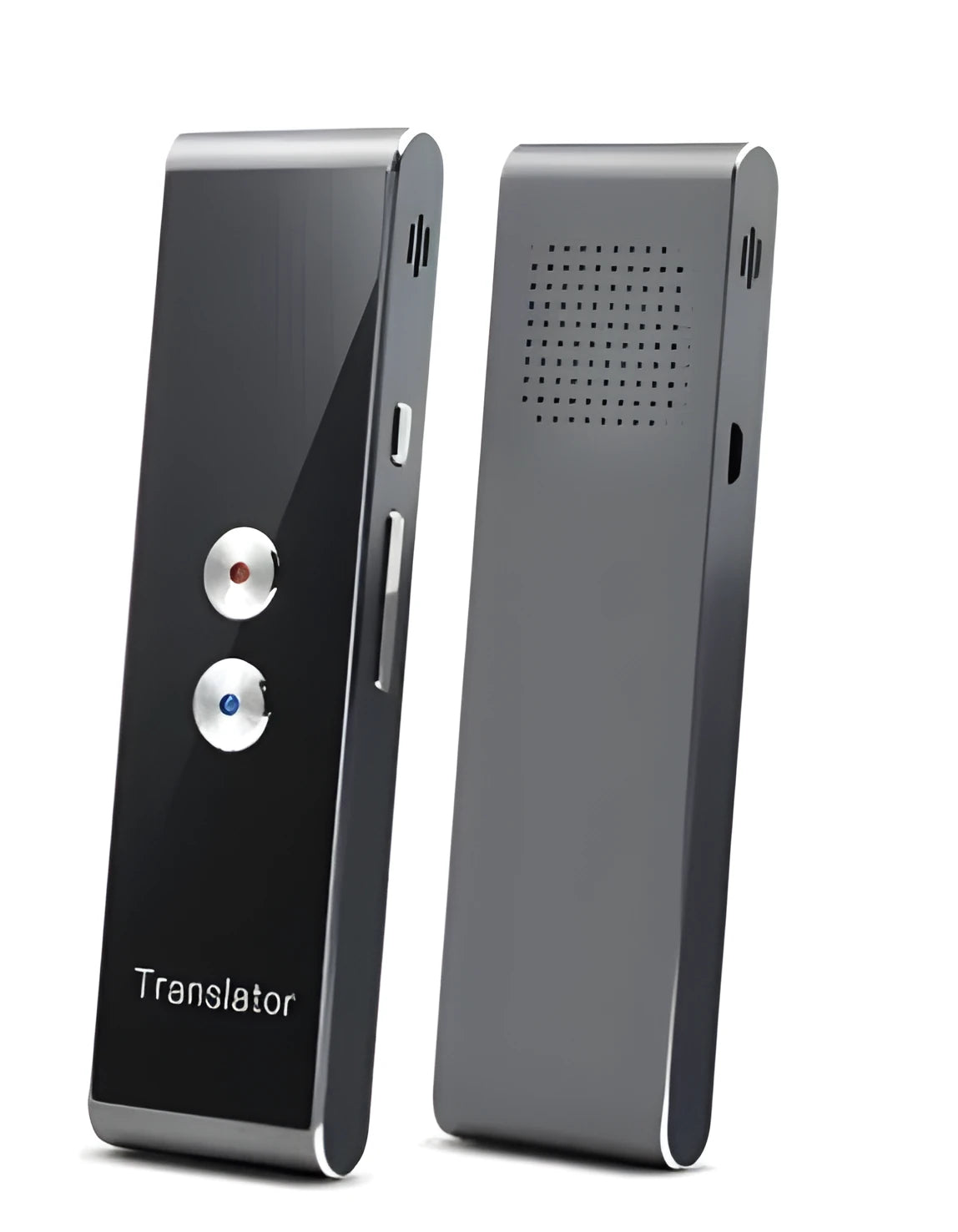Black wireless voice translator with Bluetooth on white background next to smart phone