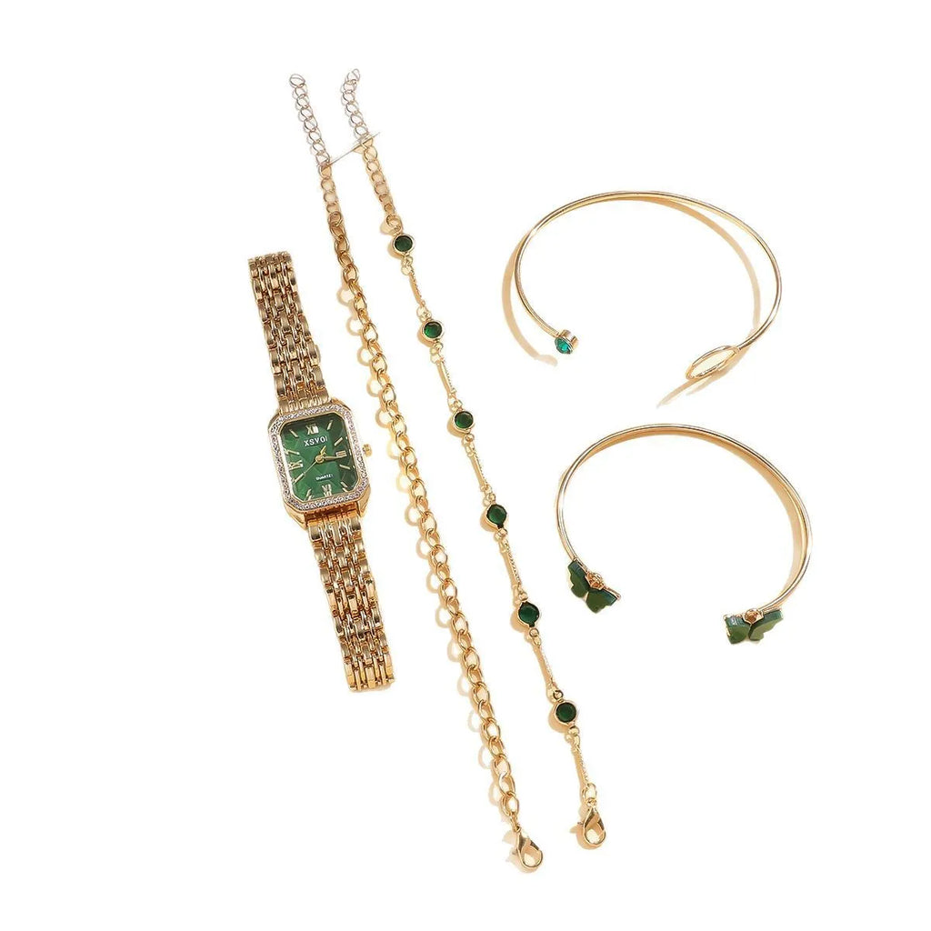 Gold green square women's watch with four matching bracelets, 25mm dial, alloy case
