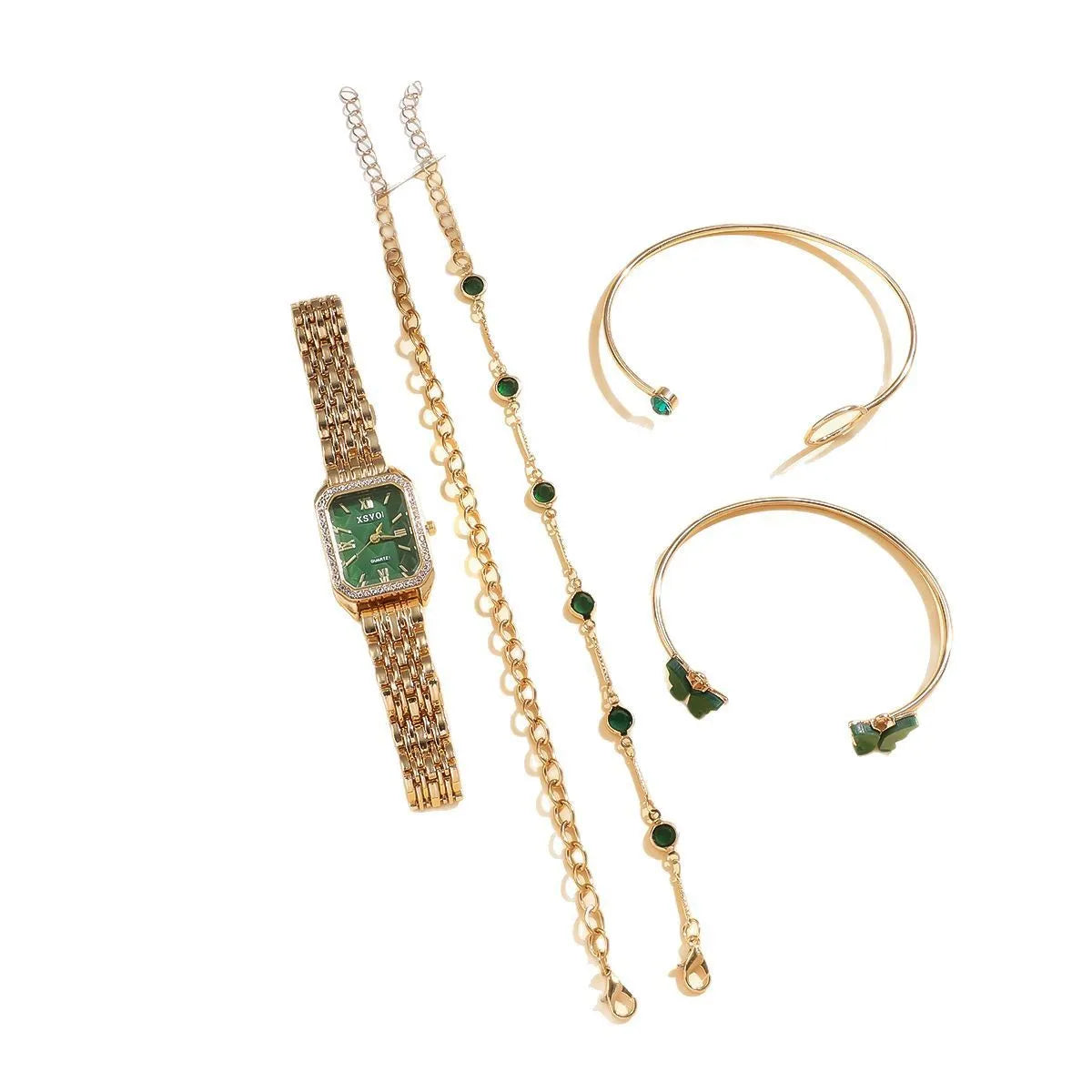 Gold green square women's watch with four matching bracelets, 25mm dial, alloy case