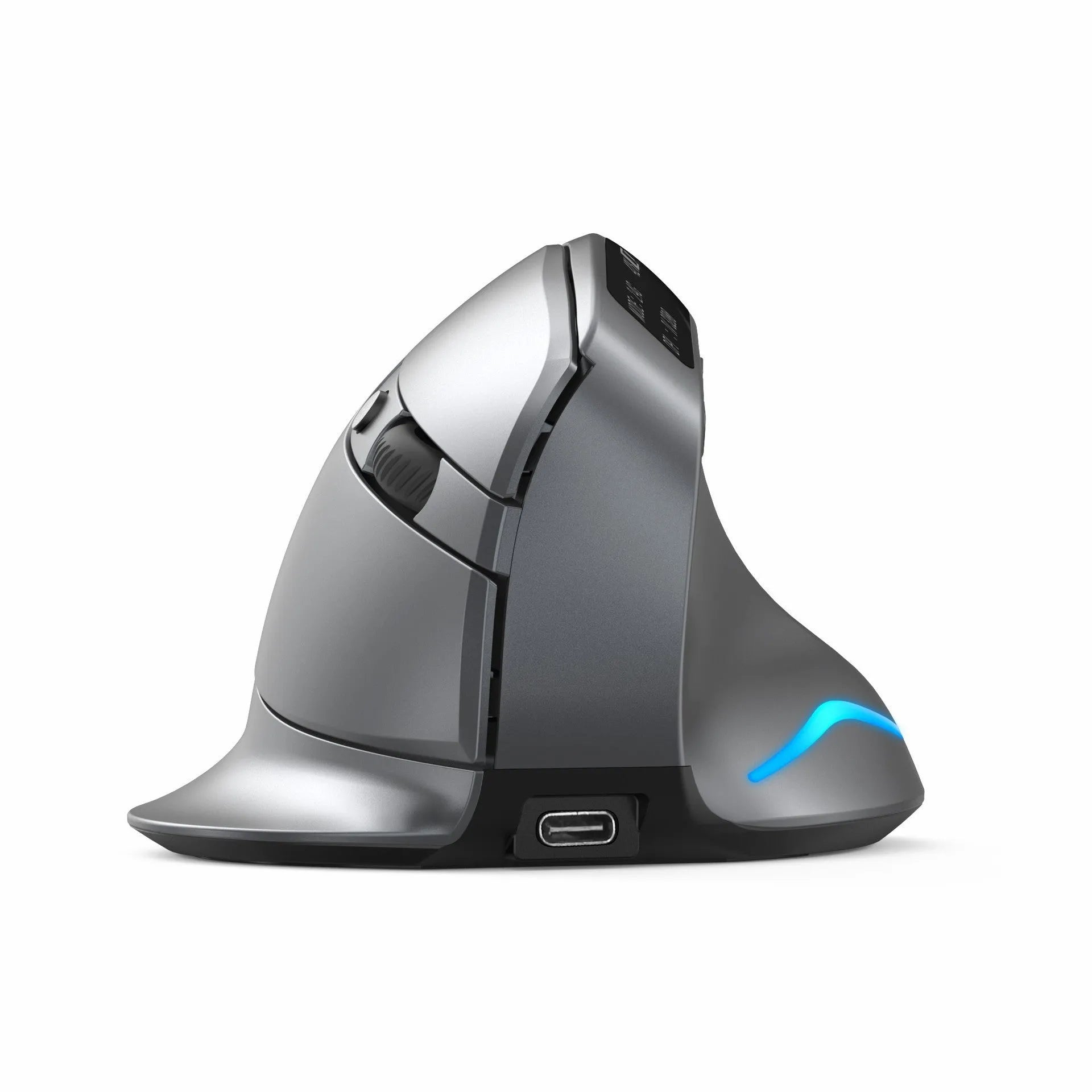 Grey Bluetooth vertical ergonomic mouse with a built-in display, shown from a side angle.