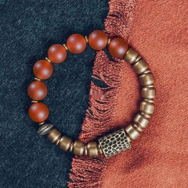 Retro ethnic style natural agate bracelet for couples in green or red, with old processing technique
