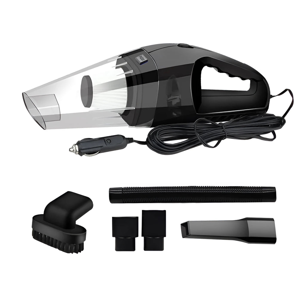 Orange, black, and blue coloured 12V portable handheld car vacuum cleaner with nozzles.