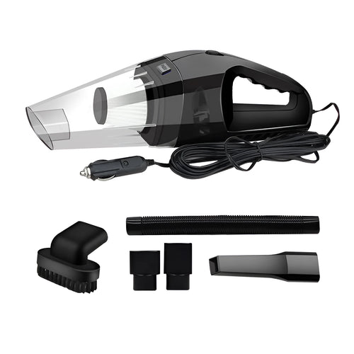 Orange, black, and blue coloured 12V portable handheld car vacuum cleaner with nozzles.