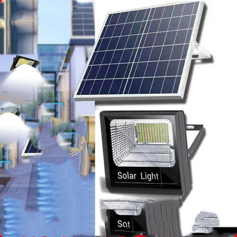 Black solar powered LED flood light for outdoor garden and security lighting with remote control