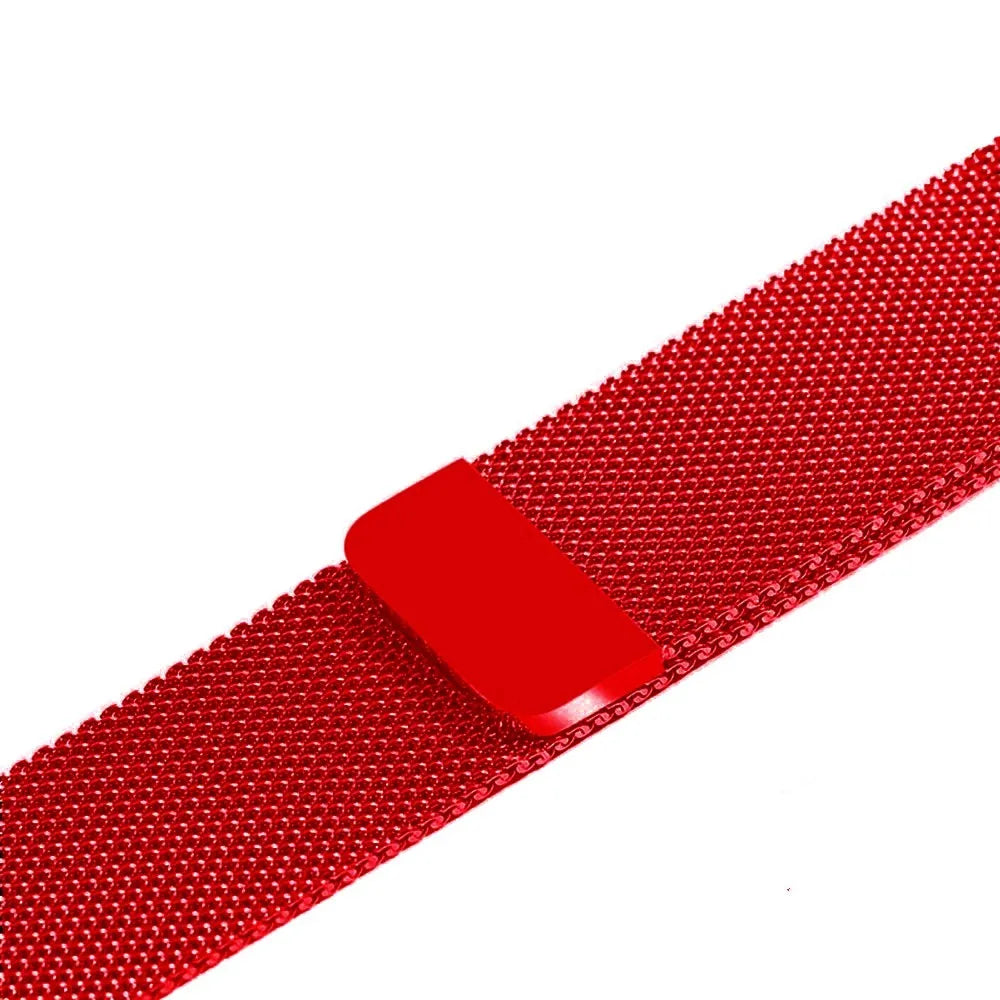 Stainless steel Apple Watch replacement strap in silver, showing metal links and clasp for 38mm-44mm models.
