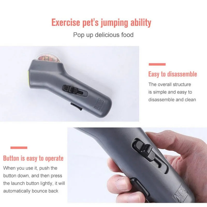 Grey plastic dog training toy with snack catapult launcher showing 18cm portable design