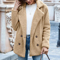 Women's loose lapel fluffy button coat in camel colour, showing front button detail
