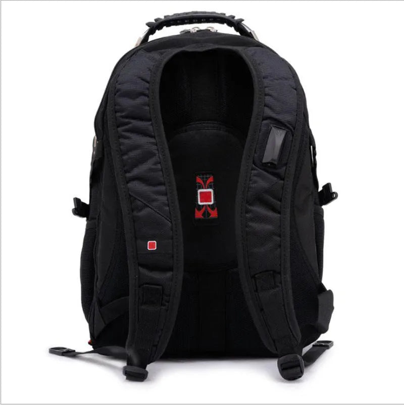 Black business computer backpack showing three compartments, open to reveal laptop sleeve and organiser pockets.