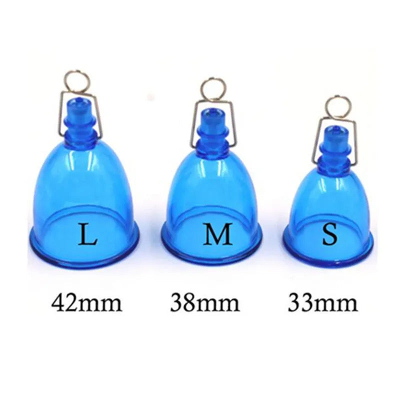 Blue silicone male masturbator adult physical stretch exerciser shown in small, medium, and large sizes.