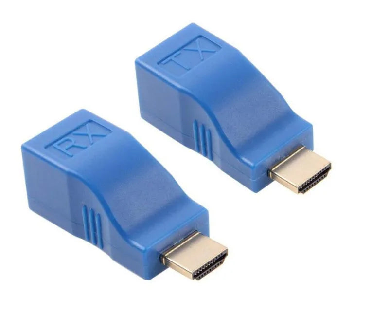 HDMI extender transmitter and receiver kit for extending 1080p signals up to 30m using Cat-6 cable.