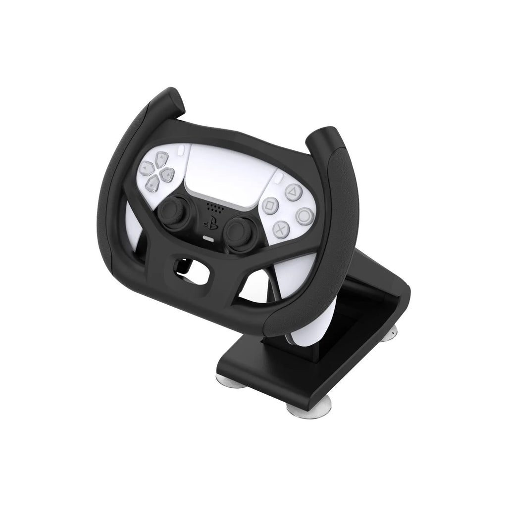 Black ABS phone steering wheel bracket with suction cup attached to gaming steering wheel