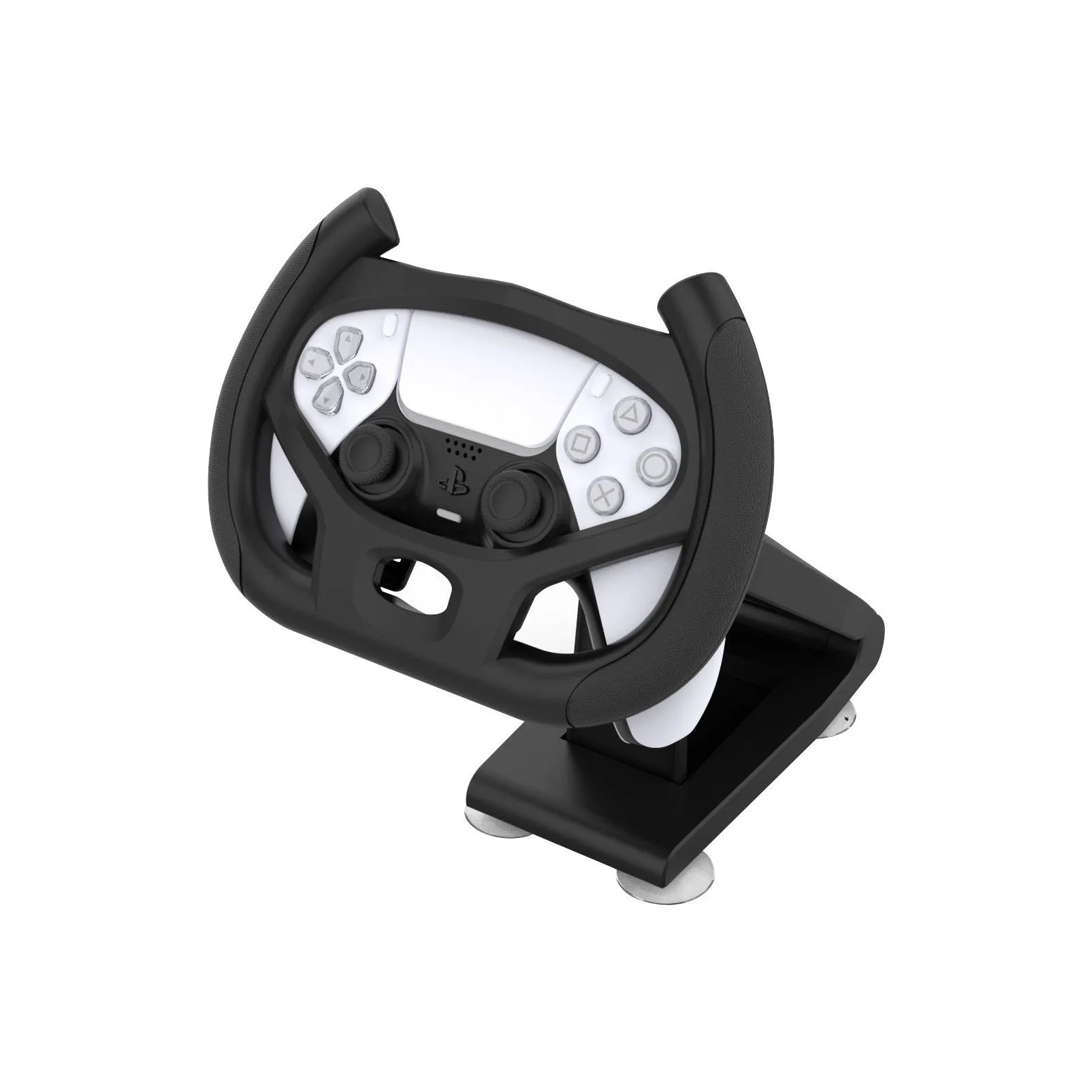 Black ABS phone steering wheel bracket with suction cup attached to gaming steering wheel
