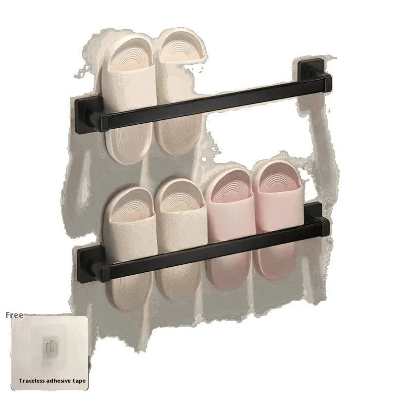 Nordic style wall-mounted bathroom slipper rack with integrated seat in black colour
