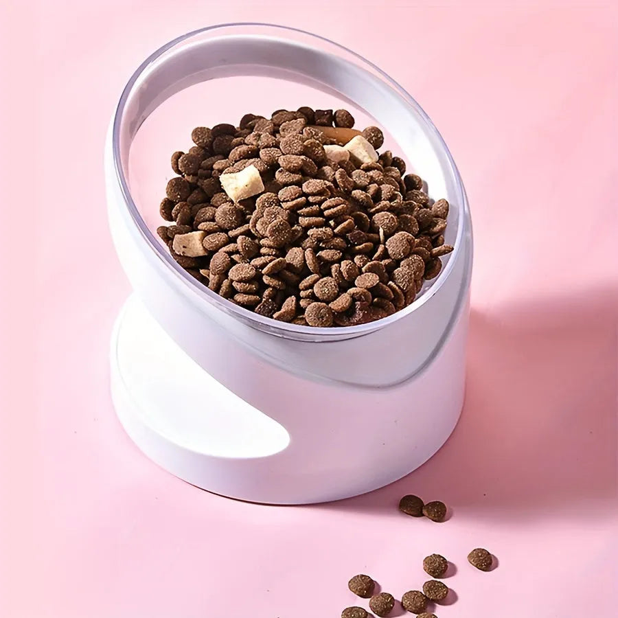 White elevated cat food bowl with anti-vomit tilt design for neck protection