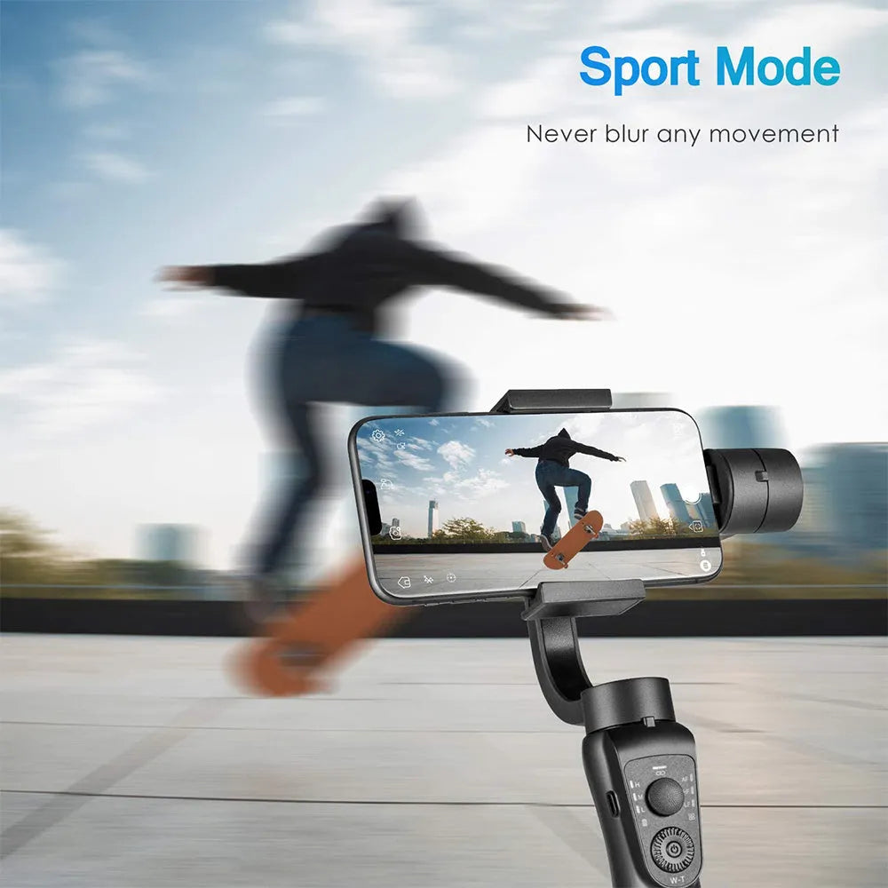 Black three-axis handheld gimbal stabiliser for mobile phones with tripod accessory