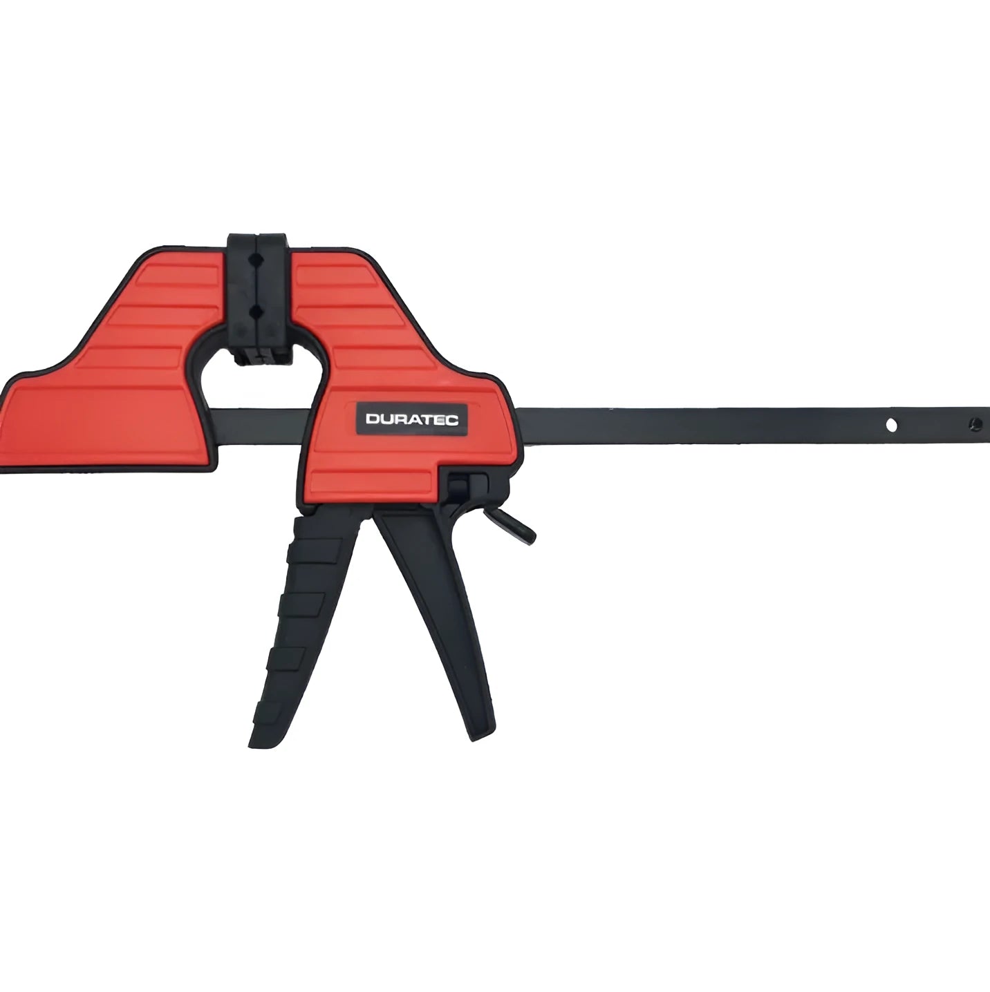 Black plastic woodworking clamp with quick-release lever and rubber grip pads in multiple sizes
