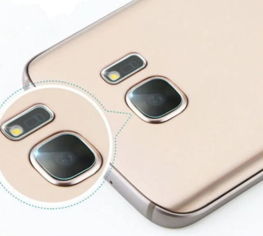 Tempered glass camera lens protector film for Samsung Galaxy smartphones showing lens and flash protection components